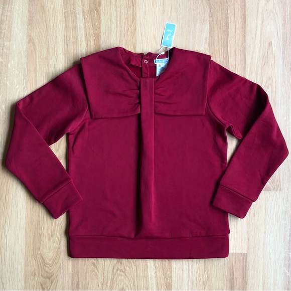NWT Jacadi Girls Sweatshirt-Red with Bow Collar Bib/Split Back